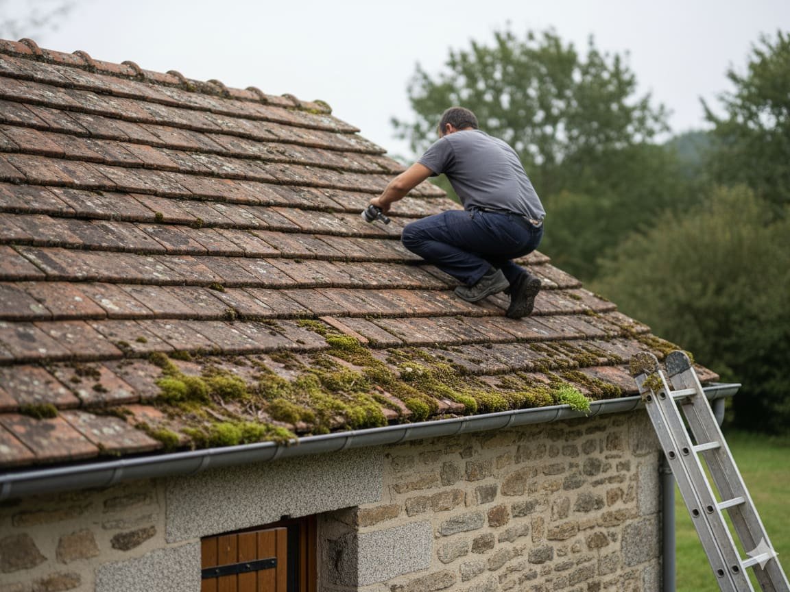 Artisan en intervention sur une toiture en tuiles envahie par la mousse, près de Limoges